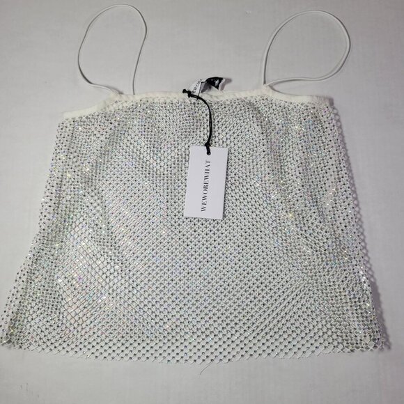 WeWoreWhat  White Modern Statement Date Night Rhinestone Mesh Tank Top Size XXS - Picture 1 of 10